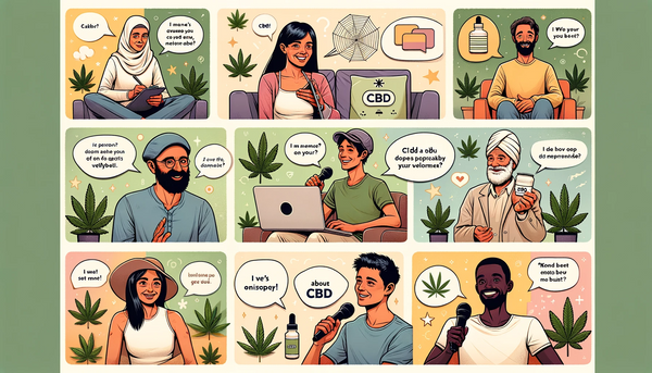 A collage depicting personal experiences and testimonials about CBD.