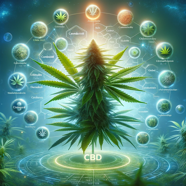 An educational and visually rich image representing the concept that CBD is one of over a hundred cannabinoids found in the cannabis plant.