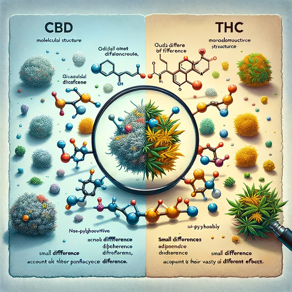 An educational image illustrating the concept that while CBD and THC have similar molecular structures, small differences in their arrangement account