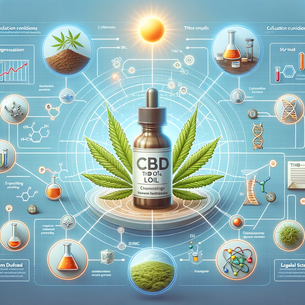 An educational image visually representing the various factors that affect THC levels in CBD oil.