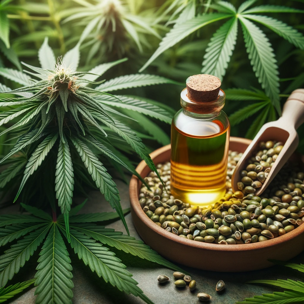 Photo of a hemp plant in the foreground with its leaves and seeds visible, and a CBD oil bottle in the background, symbolizing the extraction process.