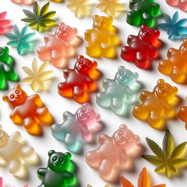Photo of an assortment of colorful CBD gummies laid out on a pristine white surface, each gummy is bear-shaped