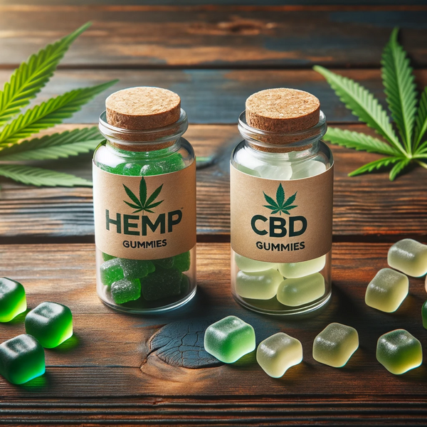 Photo of two open bottles side by side on a wooden surface_ one filled with green hemp gummies and the other with translucent CBD gummies.