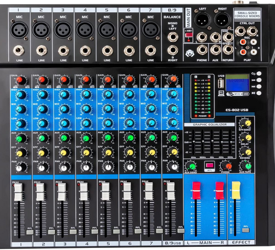 Live Mischpult DJ Audio Mischpult 8 Kanal Mixer mit USB / MP3/ Bluetooth + 48V Power Audio Mixer Verstärker