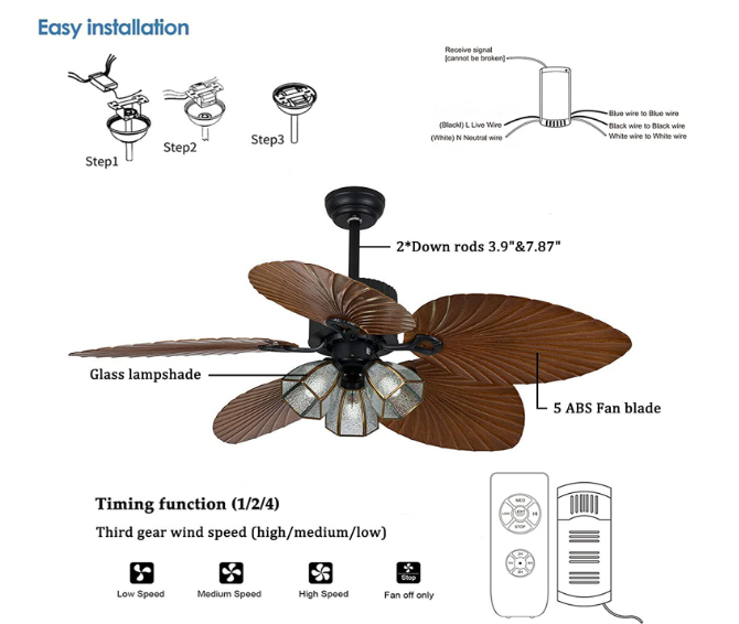 52 Zoll Deckenventilator mit Beleuchtung 5 Palmblätter Kronleuchter Fan Retro Deckenleuchte