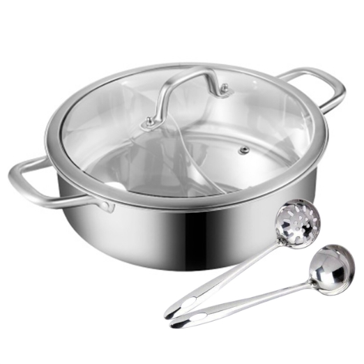 Hot Pot Topf Kochtopf 304 Edelstahl Hotpot Kocher mit 2 Suppenkellen, Trennwand und Deckel