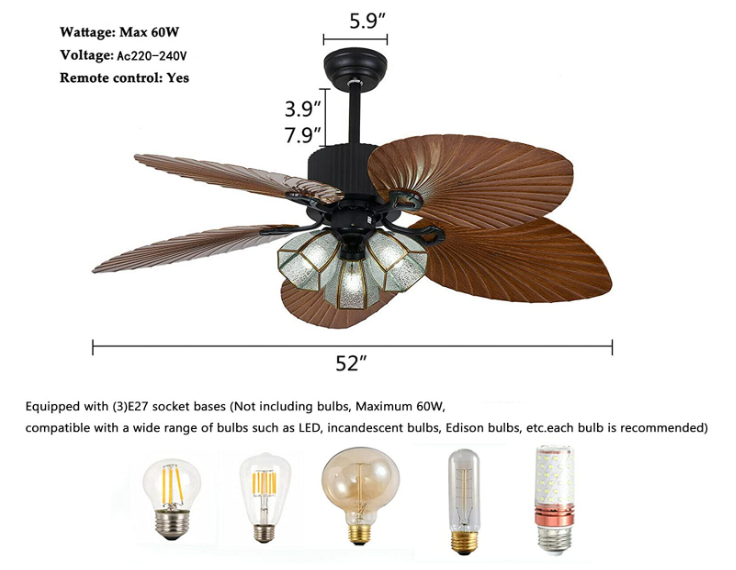 52 Zoll Deckenventilator mit Beleuchtung 5 Palmblätter Kronleuchter Fan Retro Deckenleuchte