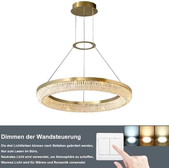 Moderne Kristall Kronleuchter Gold LED Deckenleuchte, Rund Esszimmer Kronleuchter, Ring Wohnzimmer Kronleuchter [Energieklasse A+]