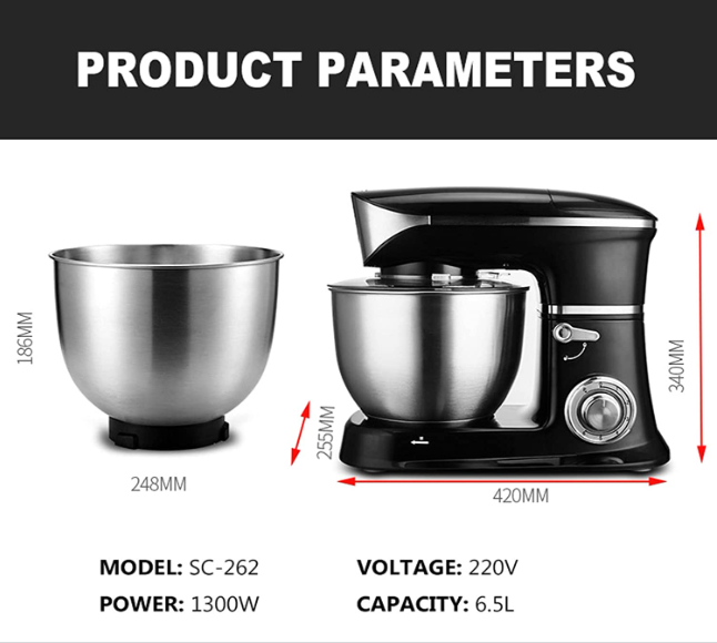 1300W  6 Gang Küchenmaschine Teigmaschine mit 6,5L Edelstahlschüssel Rührgerät