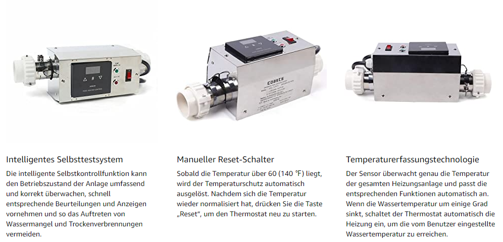 3KW Poolheizung Edelstahl Elektrisch Schwimmbadheizung Poolheizung Thermostat  Elektrische Heizung Swimmingpool