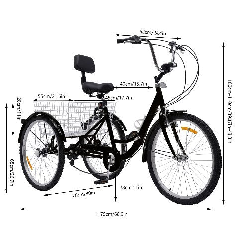 Dreirad für Erwachsene, 24 Zoll 7 Gang 3 Rad Senioren Fahrrad Tricycle mit Korb