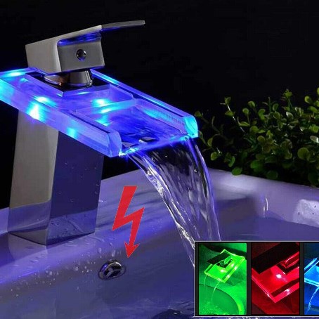 LED Glas Wasserfall Armatur Waschtischarmatur 3 x RGB Farbewechsel Beleuchtung