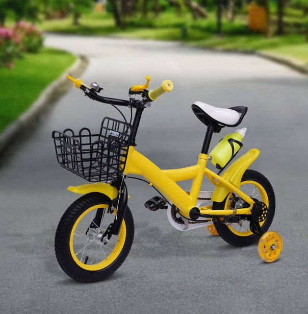 12 Zoll Gelb Kinderfahrrad mit Stützräder Korb Kinderrad Fahrrad