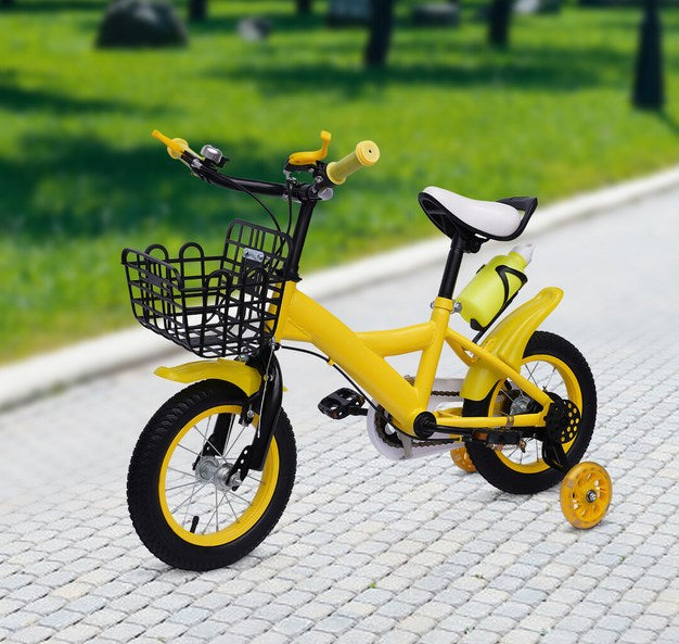 12 Zoll Gelb Kinderfahrrad mit Stützräder Korb Kinderrad Fahrrad