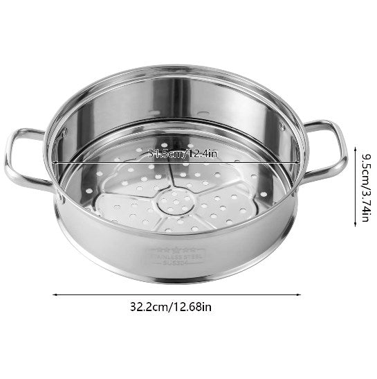 32cm Induktion Dampfgarer Dampfkocher 5-Lagiger Edelstahl Schongarer Suppentopf Kochgeschirr-Set mit Dampfeinsatz und Glasdeckel