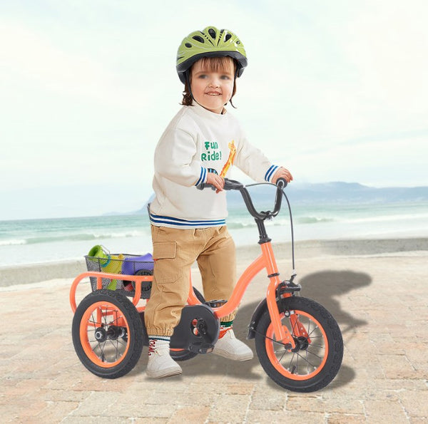 CNCEST 12 Zoll 3 Räder Kinder Orange Fahrräder, Single Speed Dreirad Fahrrad, Kinderfahrrad mit Grosser Korb