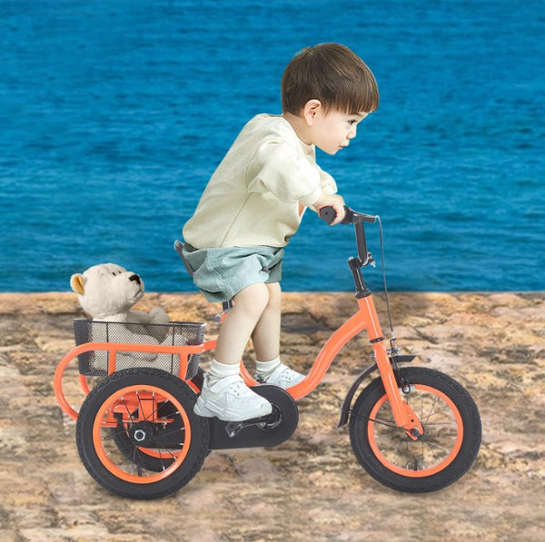CNCEST 12 Zoll 3 Räder Kinder Orange Fahrräder, Single Speed Dreirad Fahrrad, Kinderfahrrad mit Grosser Korb