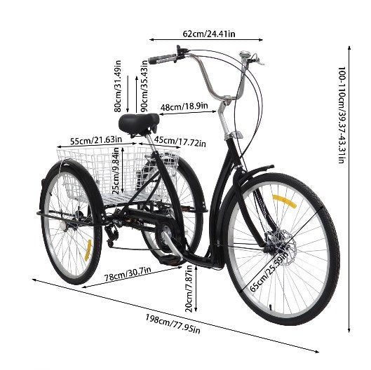 26" Dreirad für Erwachsene 6 Gang 3 Räder Erwachsenendreirad mit Einkaufskorb