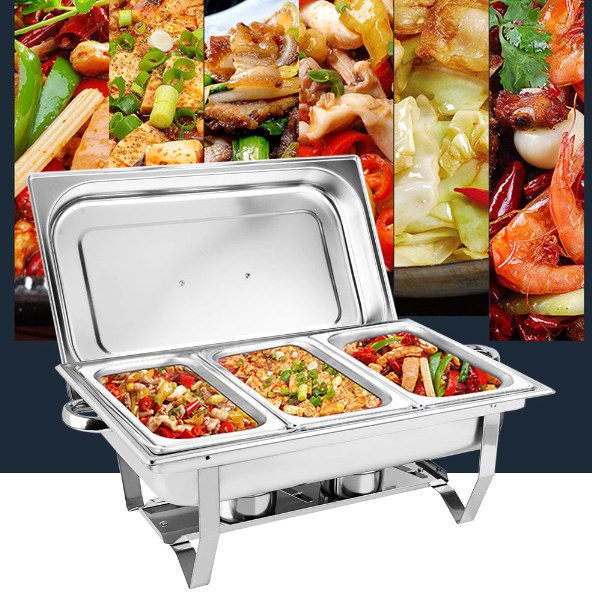 NEU 3 Grid Chafing Dish Speisenwärmer Edelstahl Warmhaltebehälter 6L