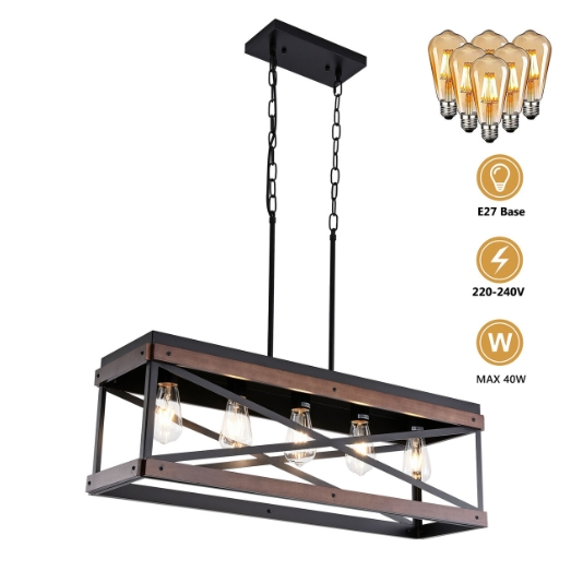 Pendelleuchte Esstisch Vintage Holz und Metall Linear Hängelampe 5 Lichter Industrielle Hängeleuchte für Küche Insel Esszimmer Wohnzimmer Tisch, Schwarz [Energieklasse E]