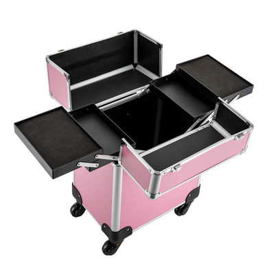 Make-up Koffer, Kosmetikkoffer Trolley, mit 4 Universalrollen, mit 4 ausziehbaren Fächern, (Rosa)