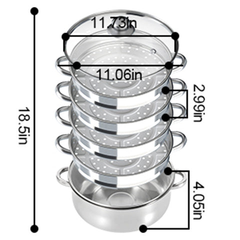 26/28/30cm 5 Ebenen Dampfkocher Gardampftopf Edelstahl Glasdeckel Dampfgarer Steamer