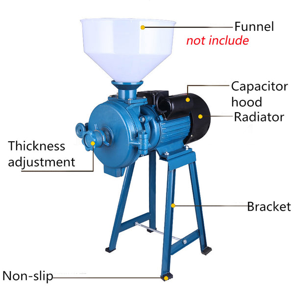 220V1500W Elektrische Futtermühle Trockengetreidemühle Reismahlmaschine Getreidemahlmaschine mit Trichter (Blue)