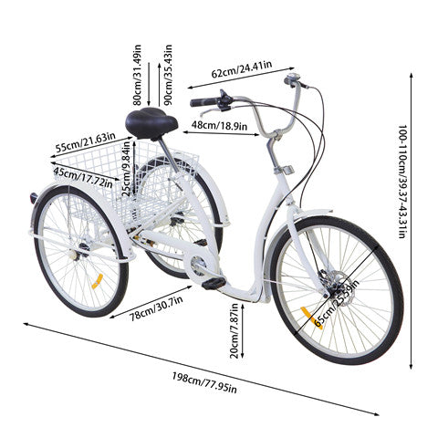 26 Zoll Dreirad Fahrrad mit Einkaufskorb für Erwachsene - Weiß