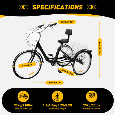 24 Zoll Klappbar Dreirad für Erwachsene, 7-Gang Schaltung Tricycle mit Korb & Rückenlehne (Schwarz)