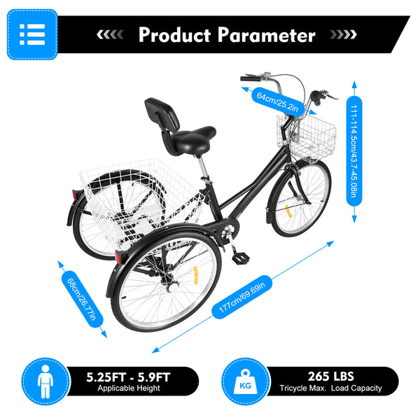 24 Zoll Dreirad Für Erwachsene 3 Rad 7 Geschwindigkeit Fahrrad