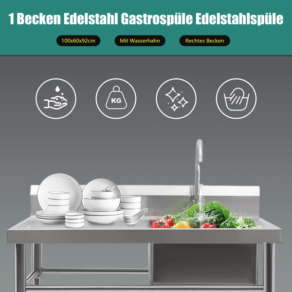 Edelstahl Spüle mit 1 Waschbecken (rechts) Spüle 201 Edelstahl 100 x 60 x 93 cm