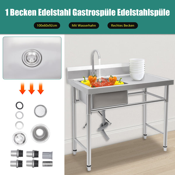 Edelstahl Spüle mit 1 Waschbecken (rechts) Spüle 201 Edelstahl 100 x 60 x 93 cm