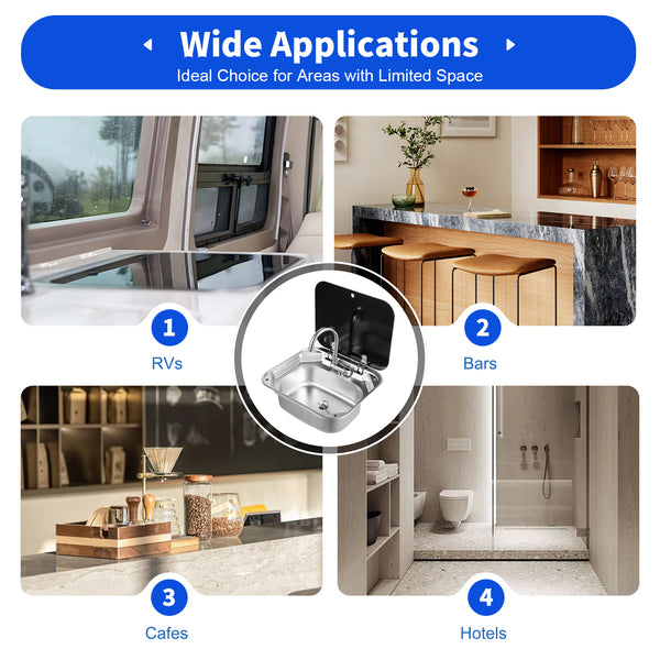 RV Caravan oder Boot Edelstahl Handwaschbecken Spüle mit gefaltetem Wasserhahn Gehärtetes Glas Deckel van Camper Anhänger Zubehör