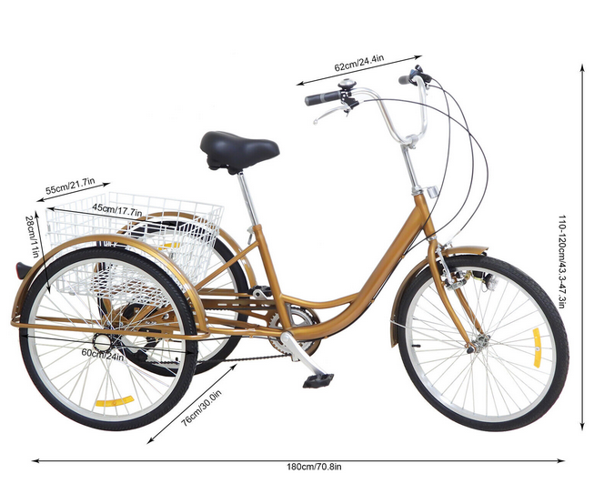 24"6 Geschwindigkeit 3 Rad Erwachsene Fahrrad Dreirad Trike mit Korb & Lampe