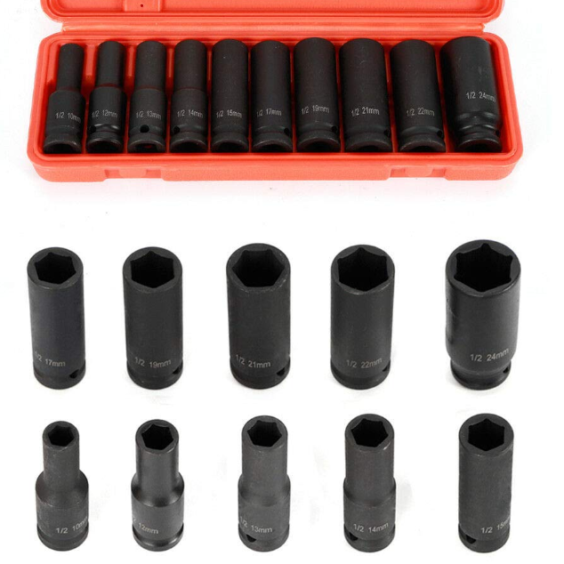 10 tlg Steckschlüssel Schlagschrauber Nuss Satz Kraft Nüsse Kraftnuss Set 1/2" Werkzeug Set