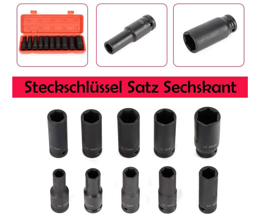 10 tlg Steckschlüssel Schlagschrauber Nuss Satz Kraft Nüsse Kraftnuss Set 1/2" Werkzeug Set