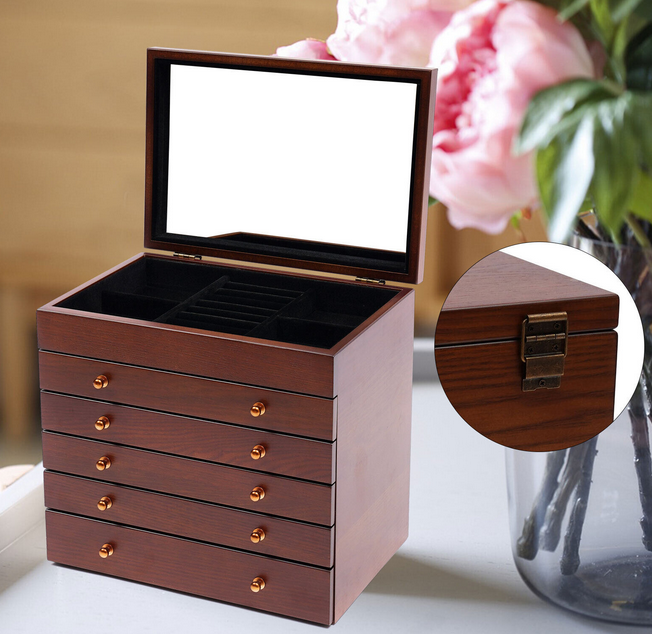 6-schichtige Holzschmuck-Aufbewahrungsbox mit Spiegel für Schmuck, Ringe, Halsketten und Uhren