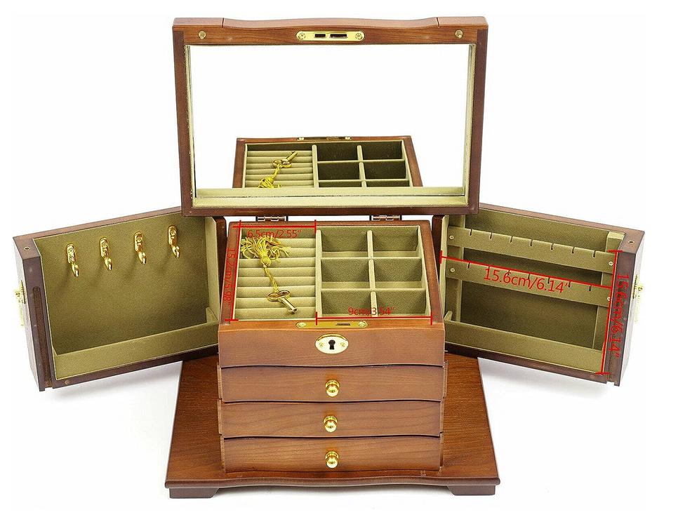 4 Schicht Holz Schmuckschatulle Make-up Schmuckbox Aufbewahrungsbox mit Spiegel