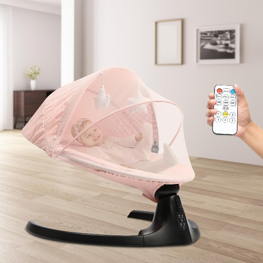 Babywippe, Elektrische Baby Wippe mit Musik, Babyschaukel , 5 Schwankungsbogen, 3-Stufen-Timer, Pink