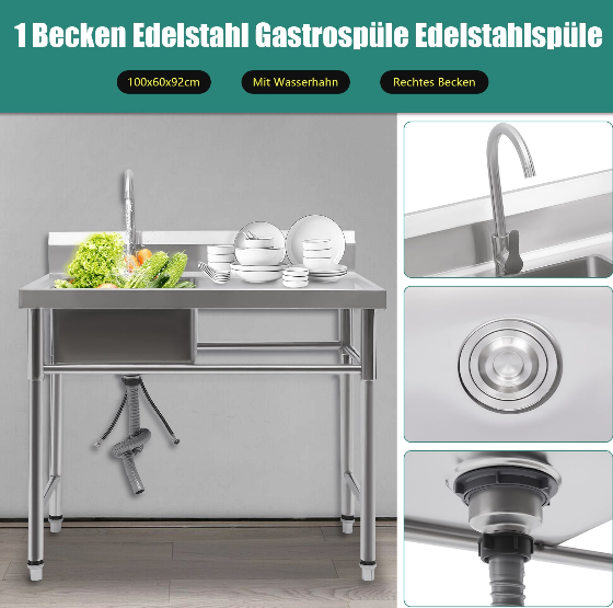 Edelstahl Spüle mit 1 Waschbecken (links) Spüle 201 Edelstahl 100 x 60 x 93 cm