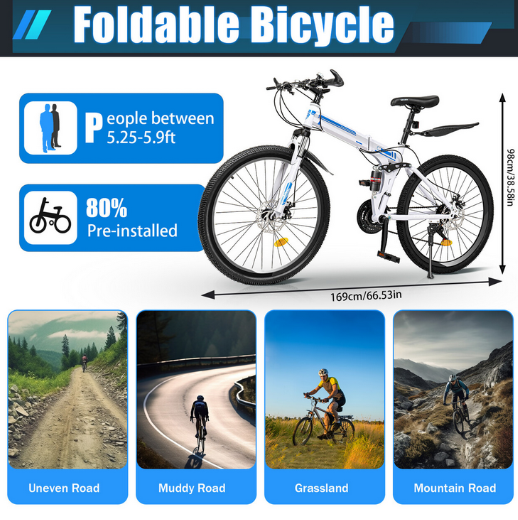 26 Zoll Mountainbike Erwachsene Klappfahrräd Jungen Camping Folding Bike Faltbarer Wagen 21 Gang Schaltung Vollfederung Fahrräder