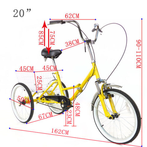 CNCEST 20 Zoll 3-Rad Single Speed Bike für Erwachsene mit Korb