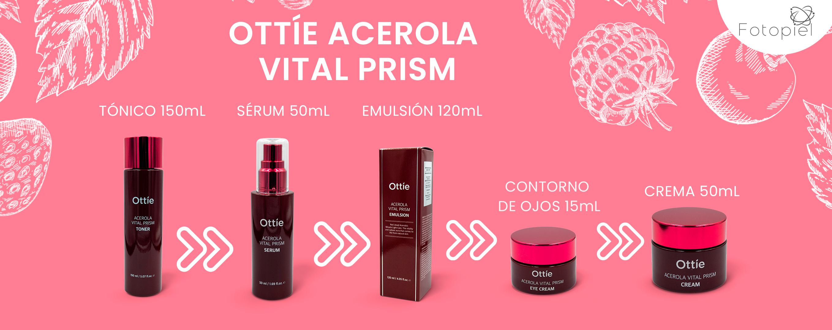 Coleccion de Ottie Acerola Vital Prism (Tonico, serum, emulsion, contorno de ojos y crema)