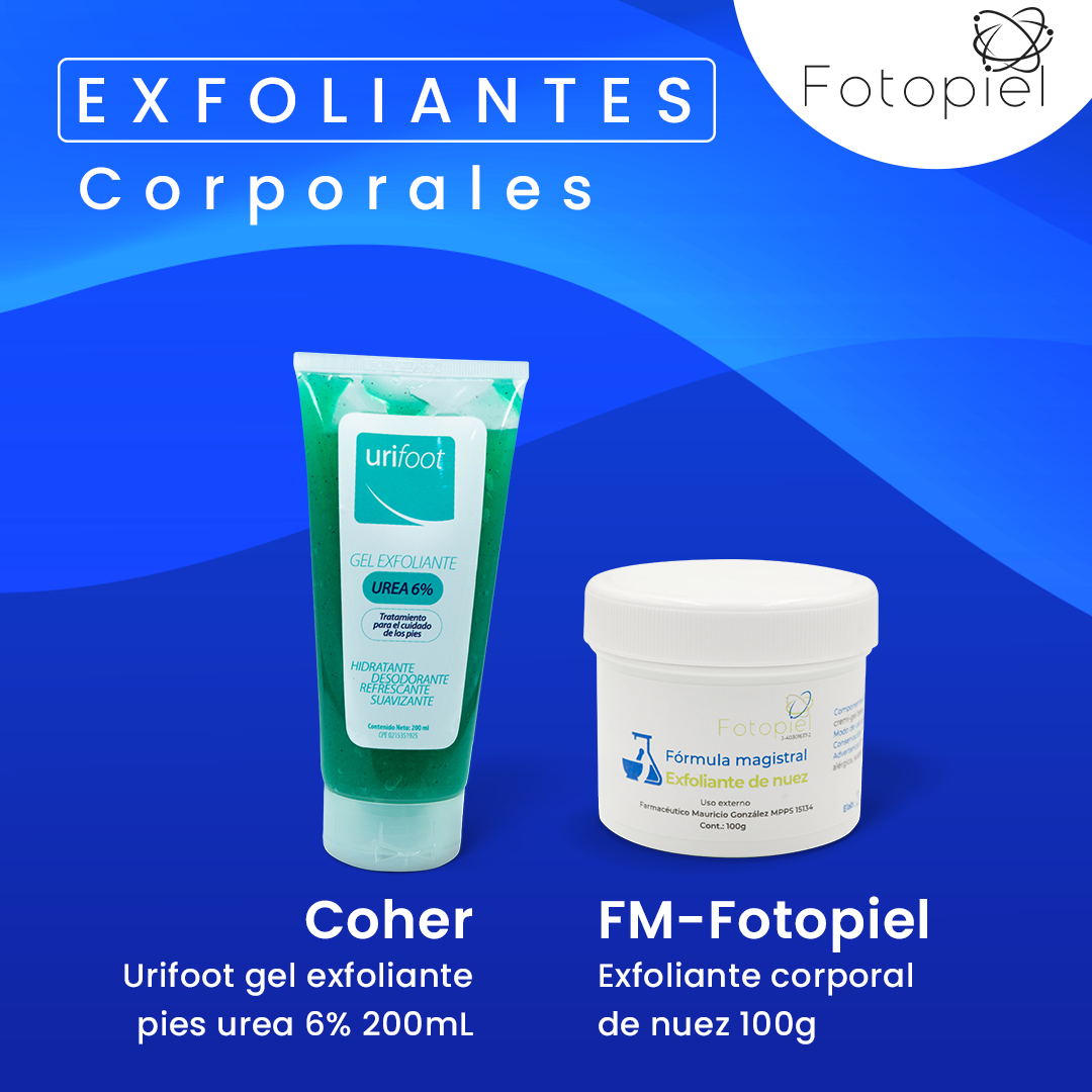 Exfoliantes de uso corporal. De izquierda a derecha: Urifoot gel exfoliante pies urea 6% y Fórmula Magistral exfoliante corporal de nuez.