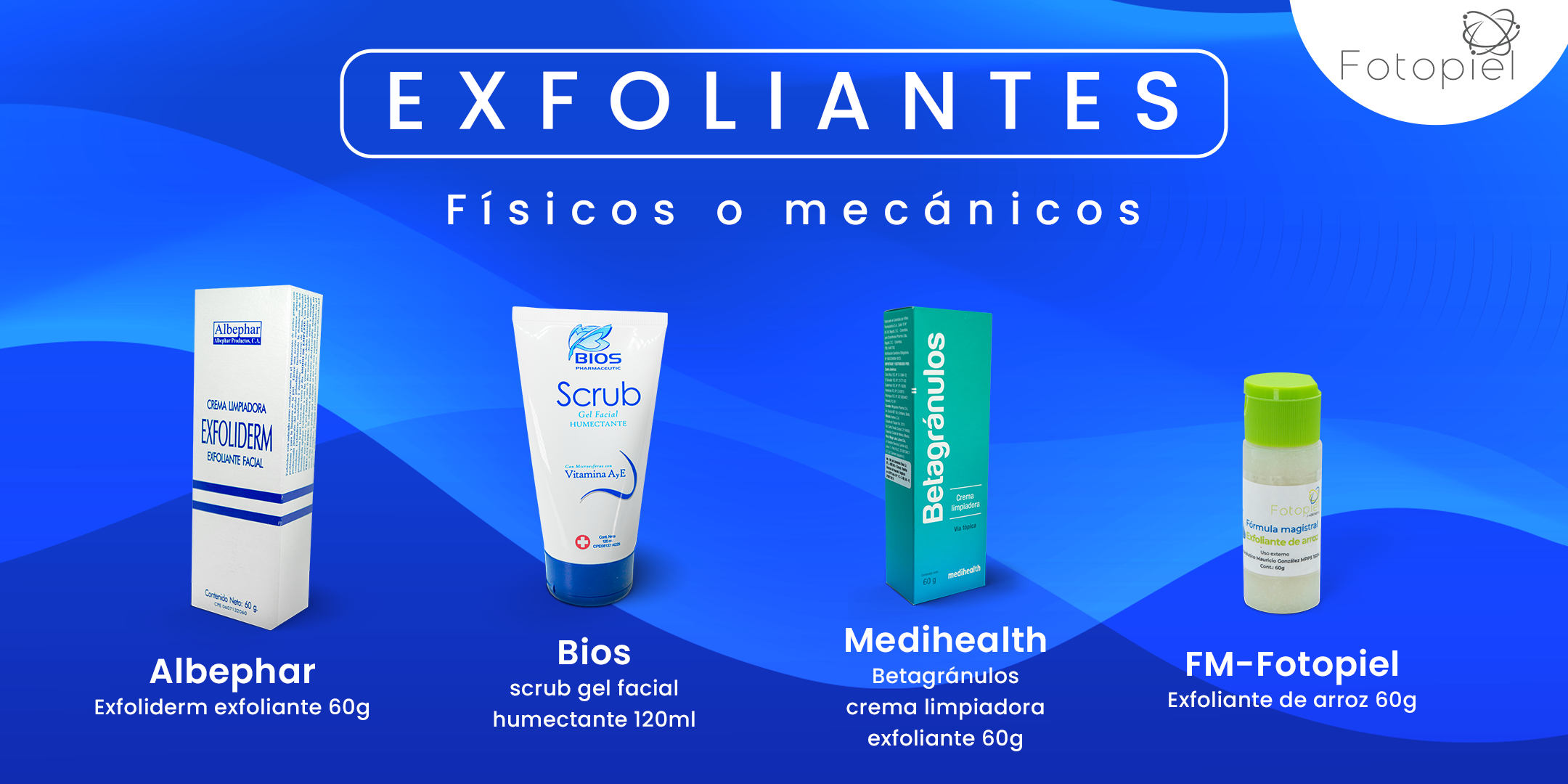 Exfoliantes físico, de izquierda a derecha: Exfoliderm exfoliante (albephar); Scrub gel facial humectante (Bios); Betagránulos crema limpiadora exfoliante (Medihealth); Exfoliante de Arroz (Fórmula Magistral). 