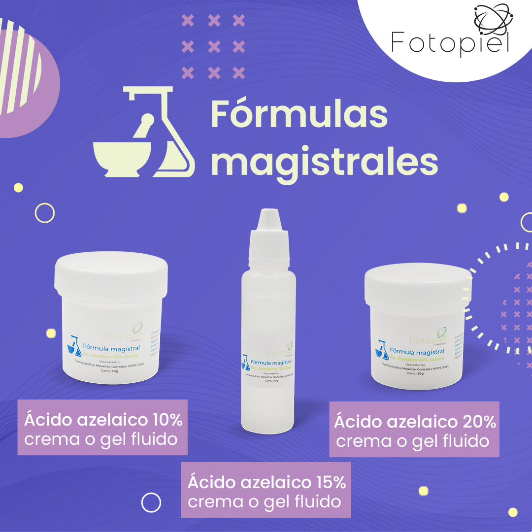 De izquierda a derecha (FOTOPIEL ÁCIDO AZELAICO 10% CREMA O GEL FLUIDO, FOTOPIEL ÁCIDO AZELAICO 15% CREMA O GEL FLUIDO, FOTOPIEL ÁCIDO AZELAICO 20% CREMA O GEL FLUIDO) 