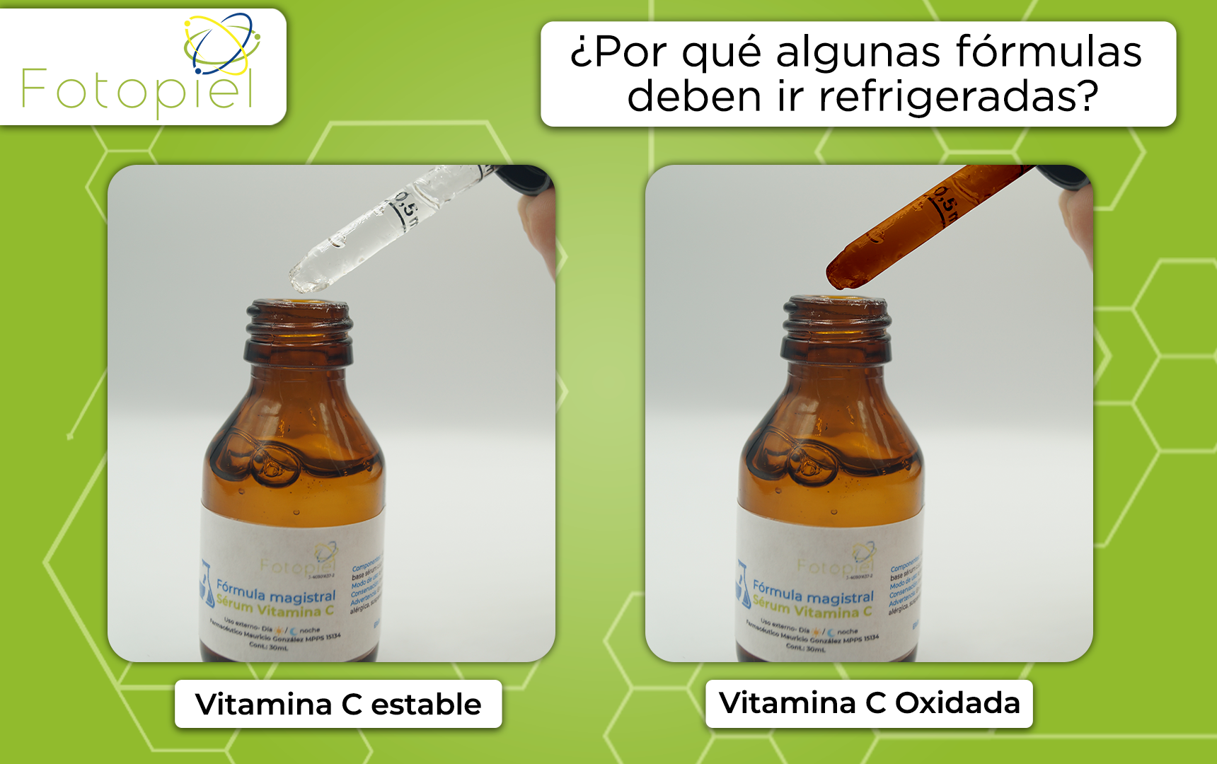 Se observa la diferencia entre la vitamina c estable y la vitamina c oxidada. Cambia de color