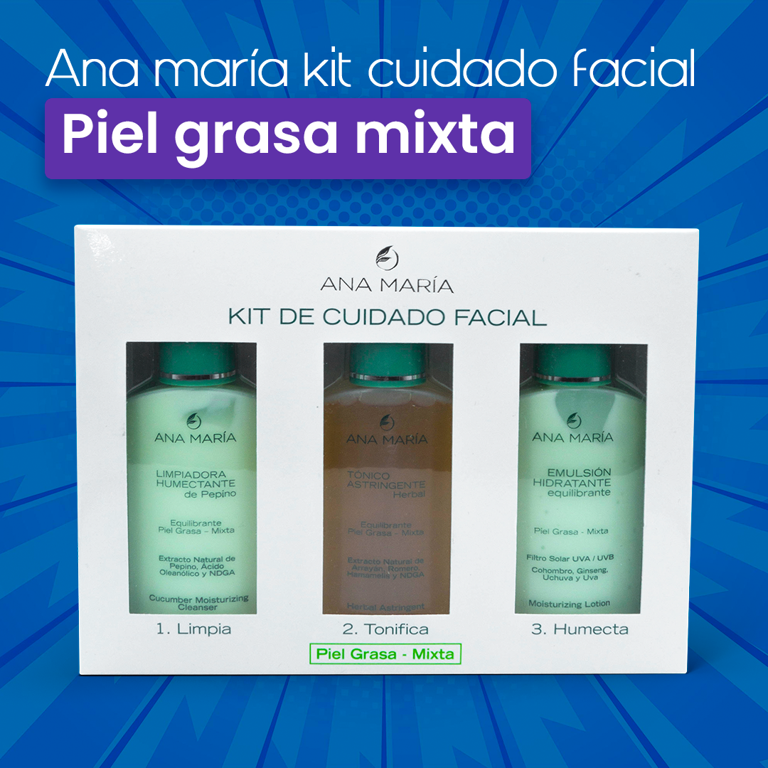 ANA MARÍA KIT CUIDADO FACIAL PIEL GRASA MIXTA  (Limpiadora Humectante de Pepino; Tónico Astringente Herbal; Emulsión Hidratante Equilibrante.)