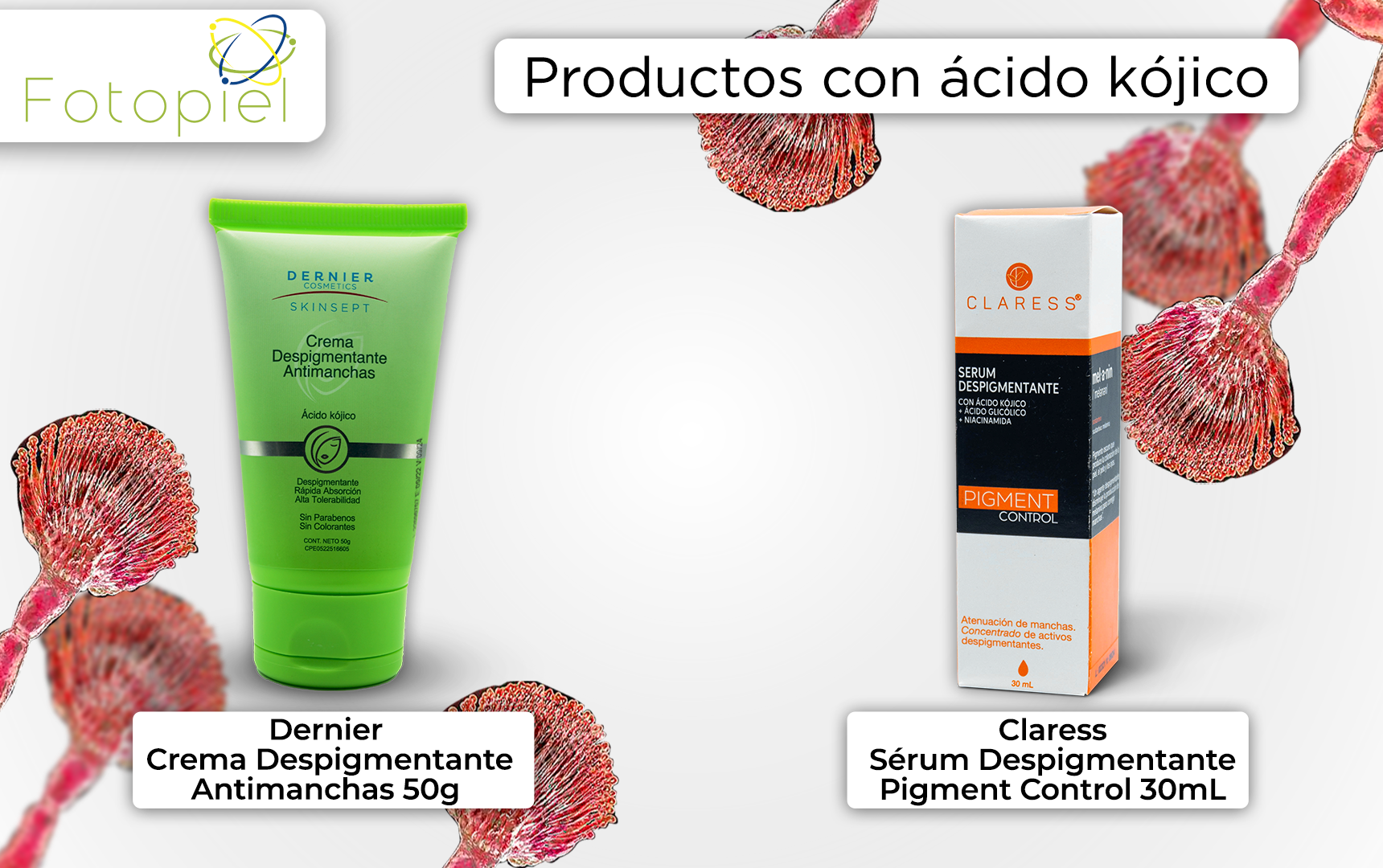 Productos con ácido kójico; «Dernier crema despigmentante antimanchas - 50g» y «Claress sérum despigmentante pigment control - 30mL»