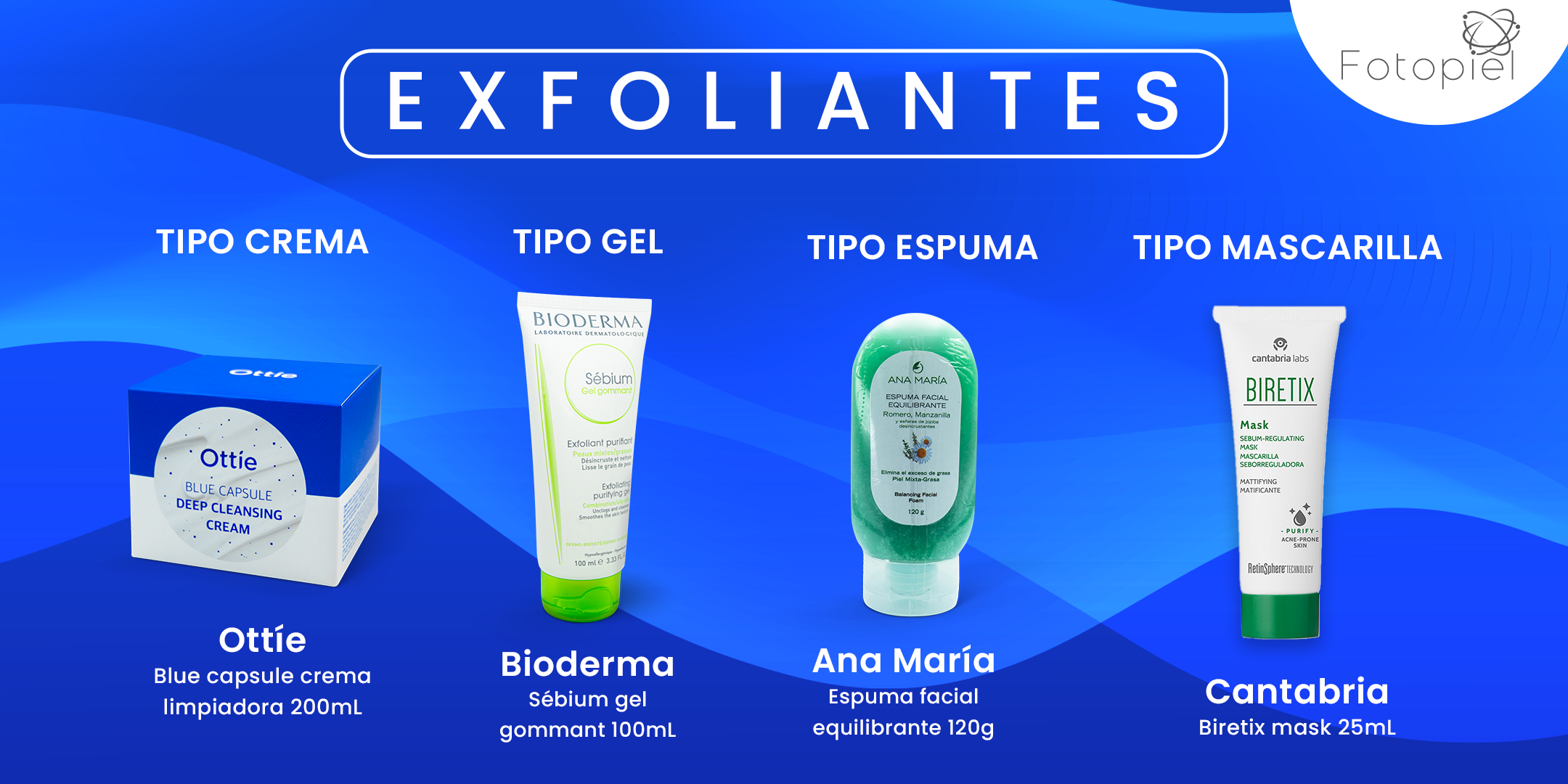 Exfoliantes de izquierda a derecha: exfoliante tipo crema, exfoliante tipo gel, exfoliante tipo espuma, exfoliante tipo mascarilla.